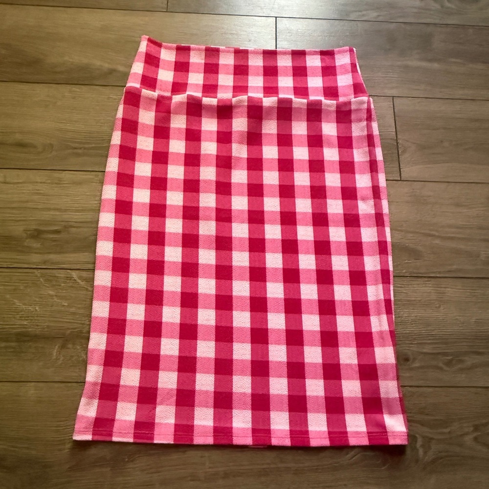 LuLaRoe Cassie Skirt Medium Pink Gingham Plaid Pencil Stretch Knee Length